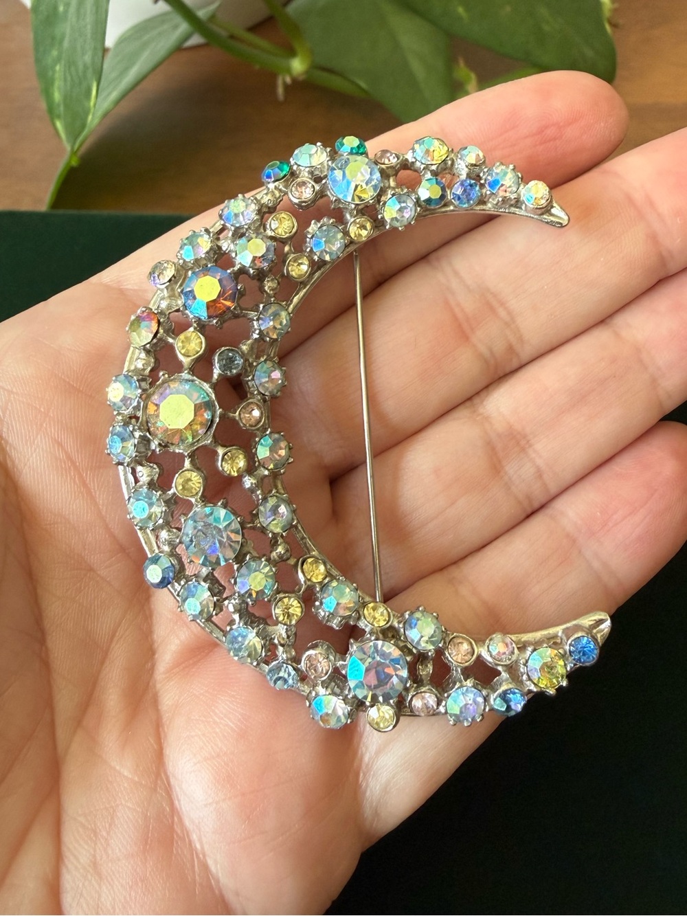 Vintage Huge Crescent Moon AB Crystal Rhinestone Brooch Pin Blue Purple Silver